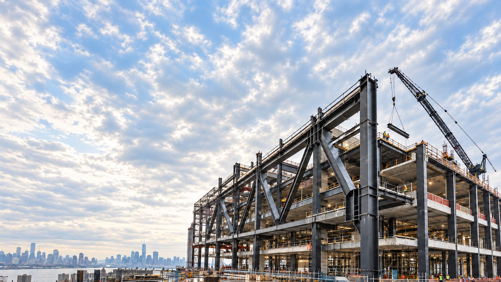 Graphite steel framing and a crane lifting a beam at a waterfront construction site in soft warm daylight